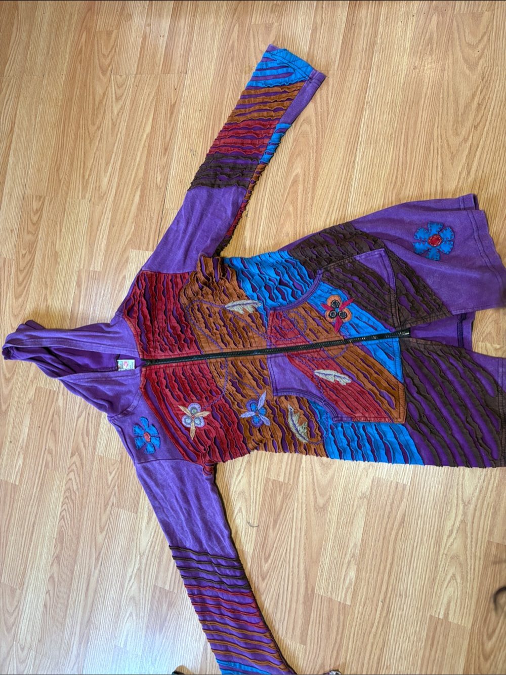Colorful Embroidered Hooded Zip-Up Cardigan Purple Multi boho festival hippie